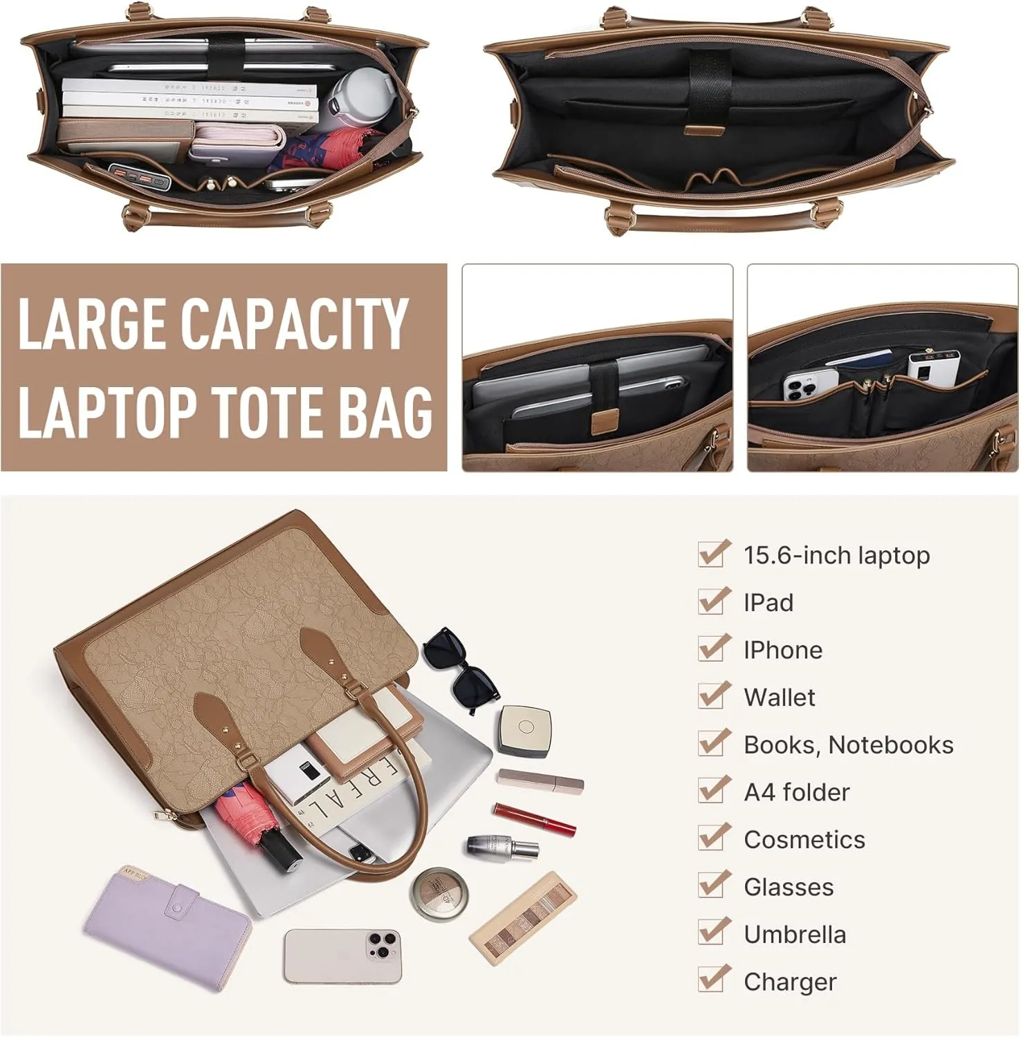 Laptop Bag for Women 15.6 Inch Work Tote Bag for Women,Leather Computer Bags Waterproof Tote Professional Briefcase,Large Capacity Business Office Bag for Work