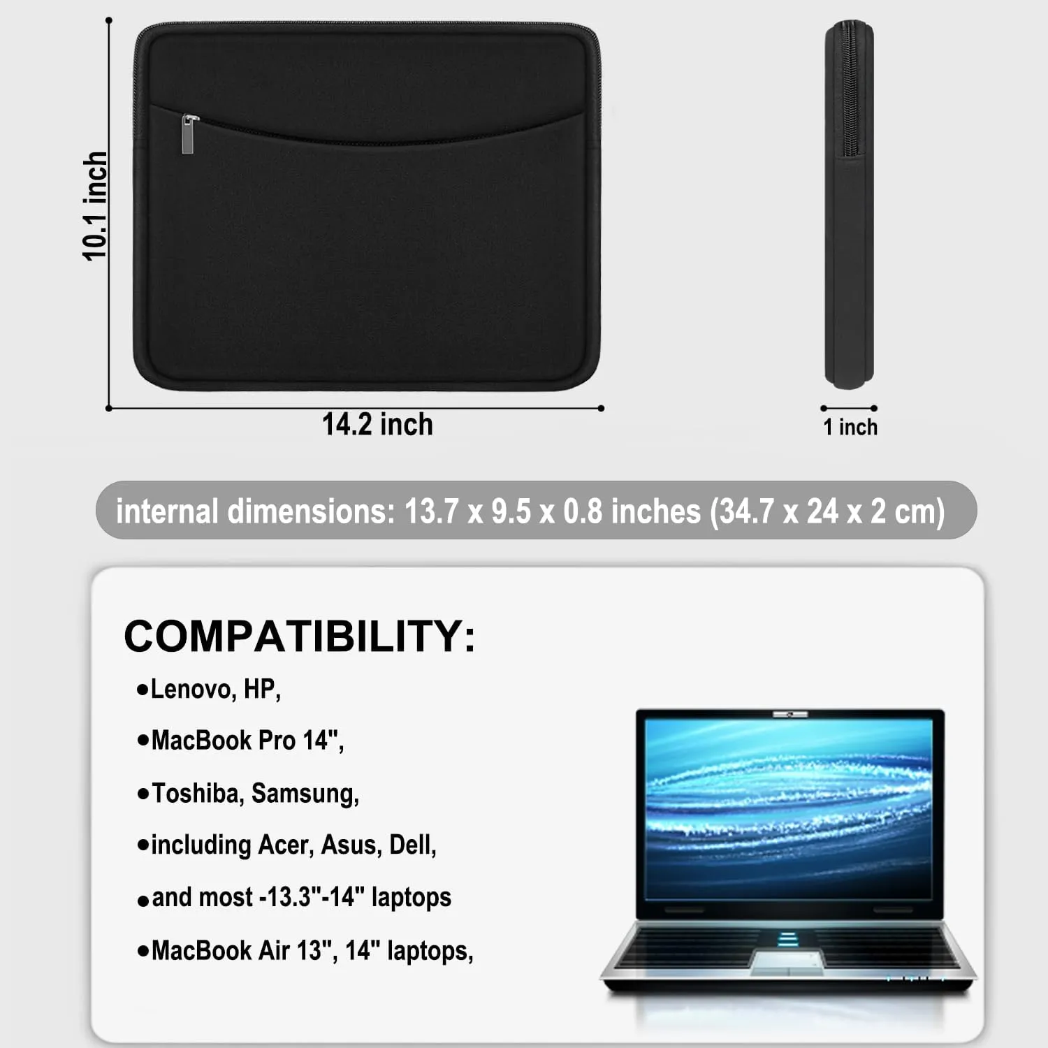 Laptop Sleeve Case 14 inch, Shockproof Protective Laptop Cover Briefcase Carrying Computer Bag with Accessory Pocket Portable Computer Sleeve for 14" MacBook, HP, Dell, Lenovo, Acer, Black