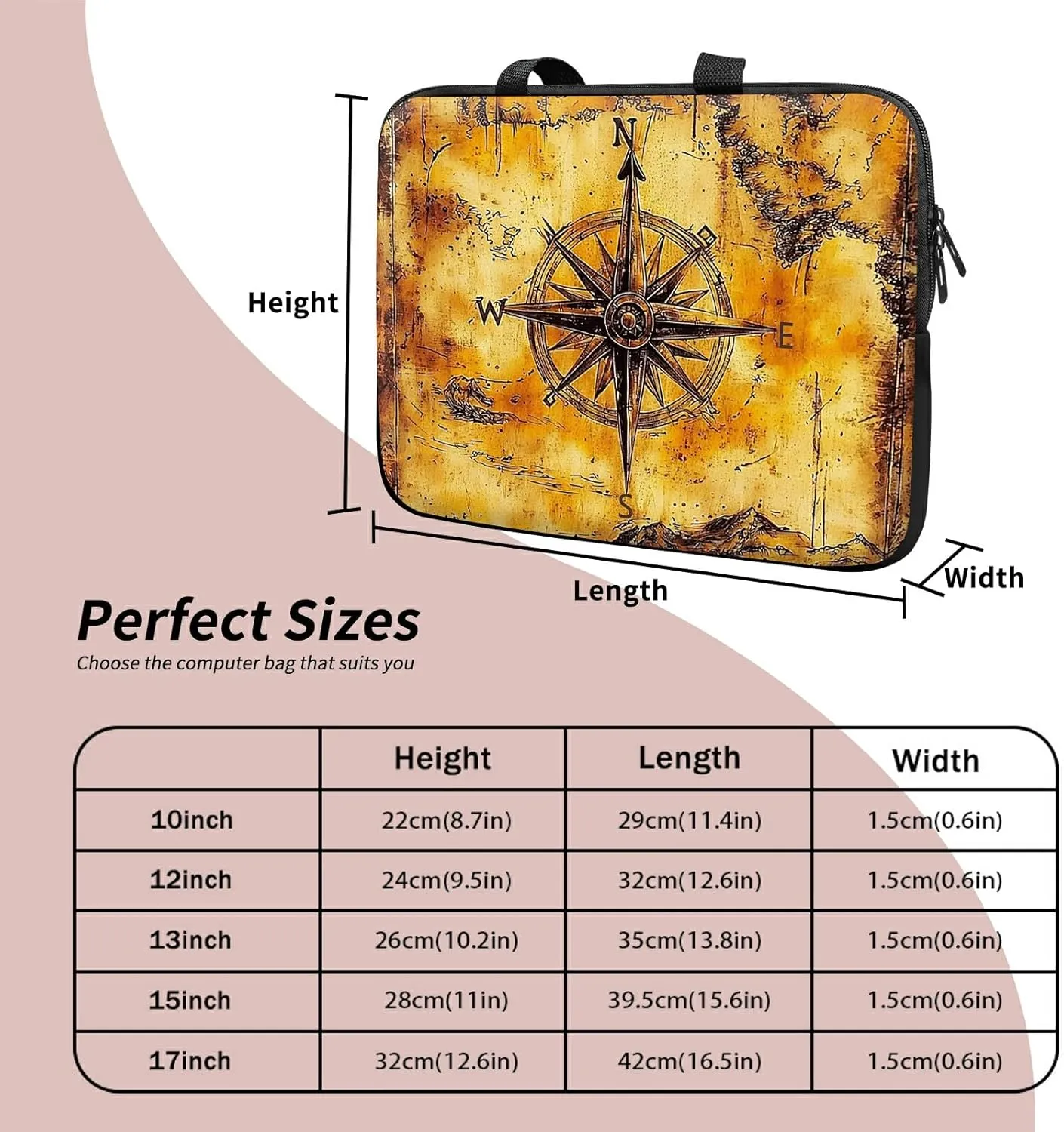 Laptop Sleeve Case Bag 13 inch, Vintage Compass Slim Carrying Case Durable Handbag Travel Laptop Bag for 13 inch MacBook Air M3/M2/Pro M2/ 13" iPad Pro/Air M4/M2 2024