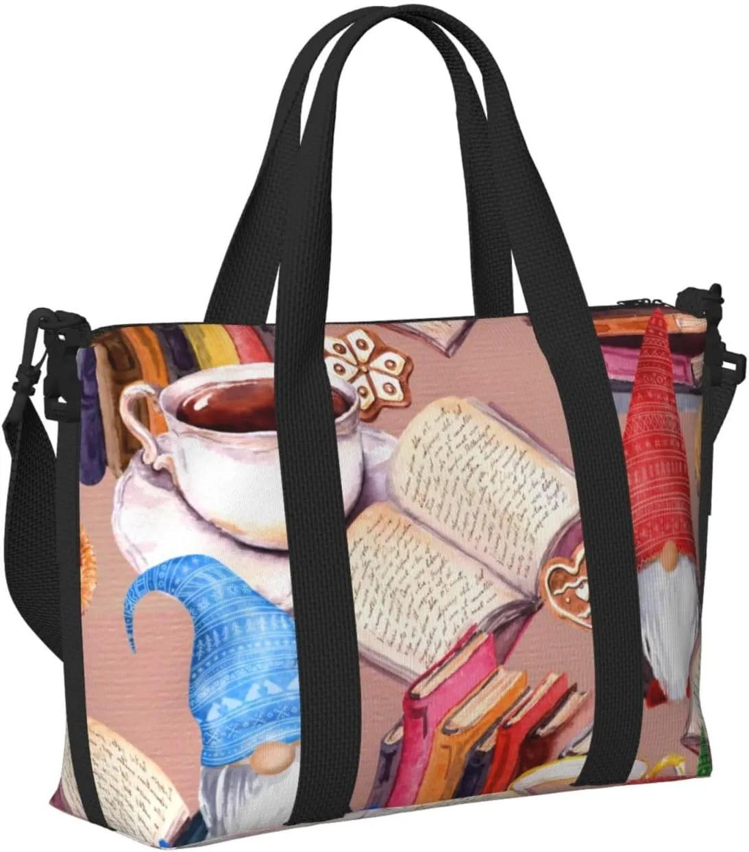 Laptop Tote Bag for Women Work - Gnomes Books Tea Cups Gym Bag for Women Men, Personal Item Crossbody Travel Bags Carry On, Overnight Weekender Bags for Women Travel