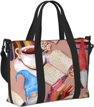 Laptop Tote Bag for Women Work - Gnomes Books Tea Cups Gym Bag for Women Men, Personal Item Crossbody Travel Bags Carry On, Overnight Weekender Bags for Women Travel