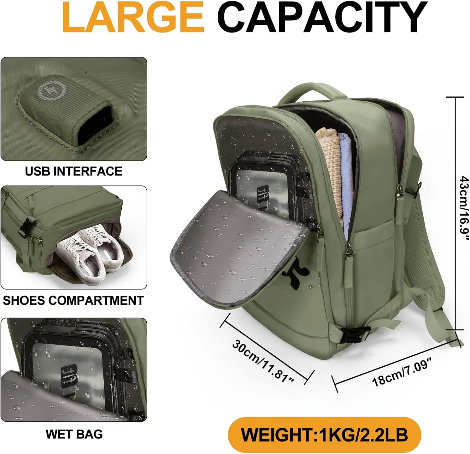Large 40L Travel Backpack – Airline & Flight Approved Carry-On Luggage, Waterproof, Durable & Lightweight Design for College, Outdoor Sports & Weekend Getaways – Green