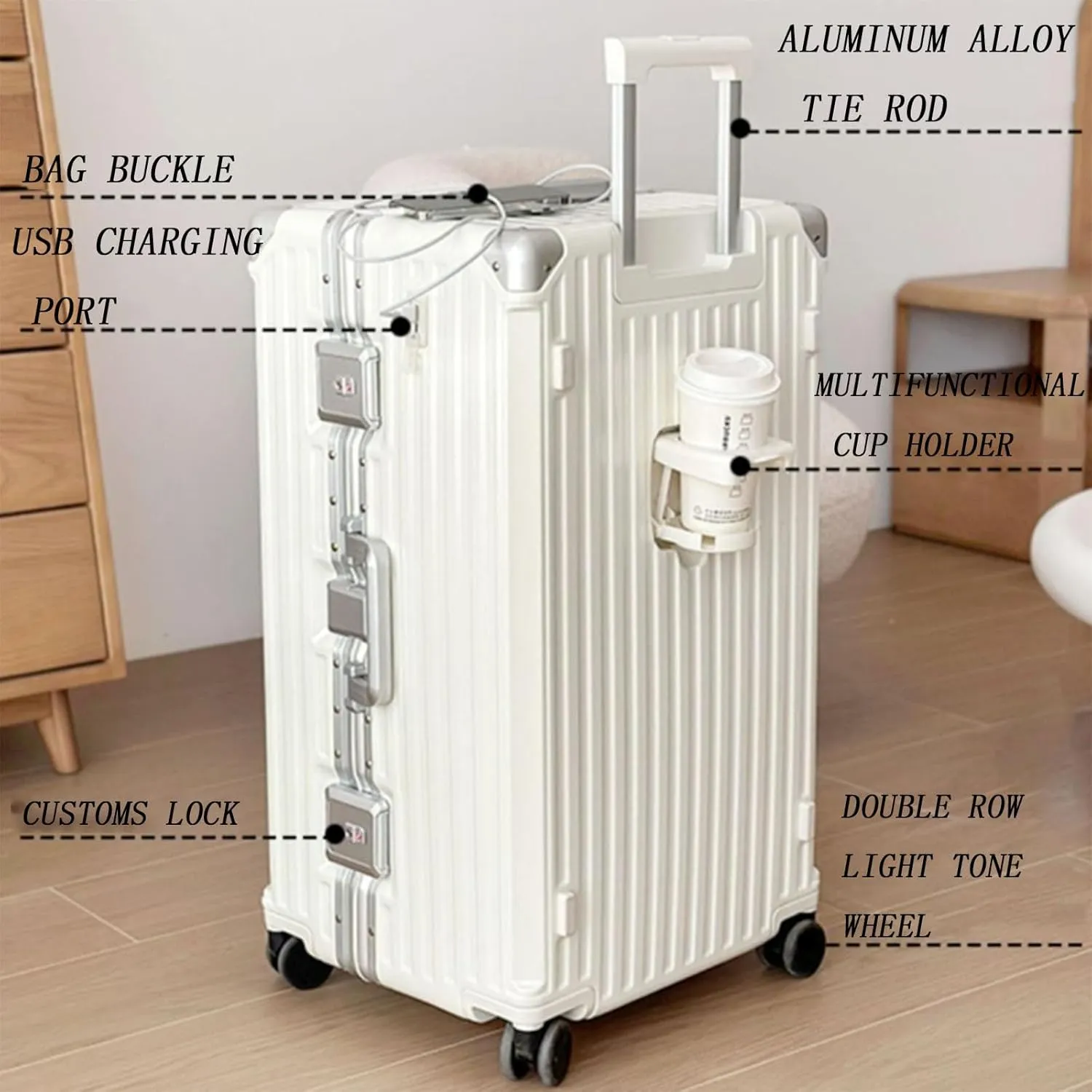 Large-Capacity Suitcase, Bag Buckle Charging Port Multi-Functional Cup Holder Suitcase for Business Trips and Travel,Silver-28 inches (Silver 28 inches)