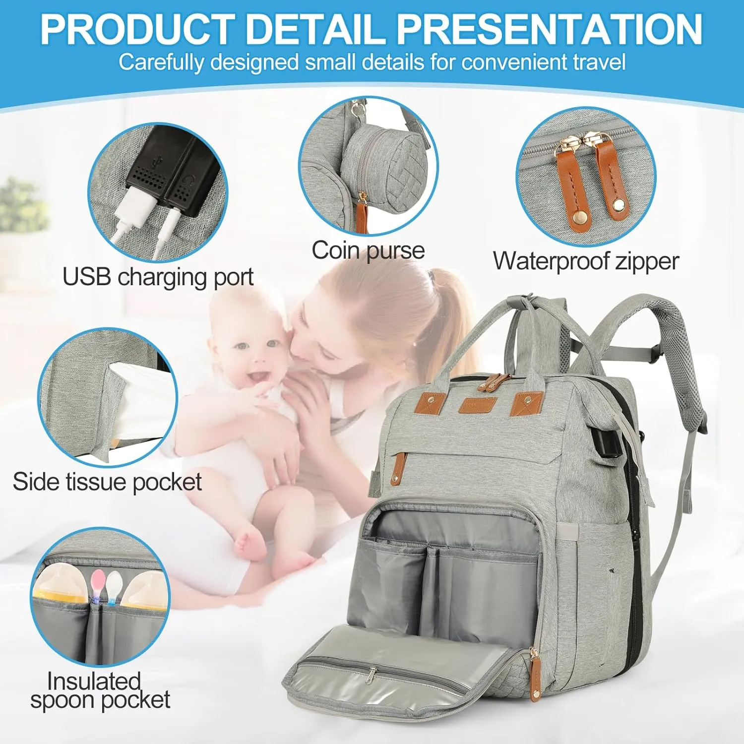 large diaper bag backpack，baby bag with changing station for Boys Girls，Multifunctional Diaper Bag，Mommy Bag With USB Charging Port（grey）