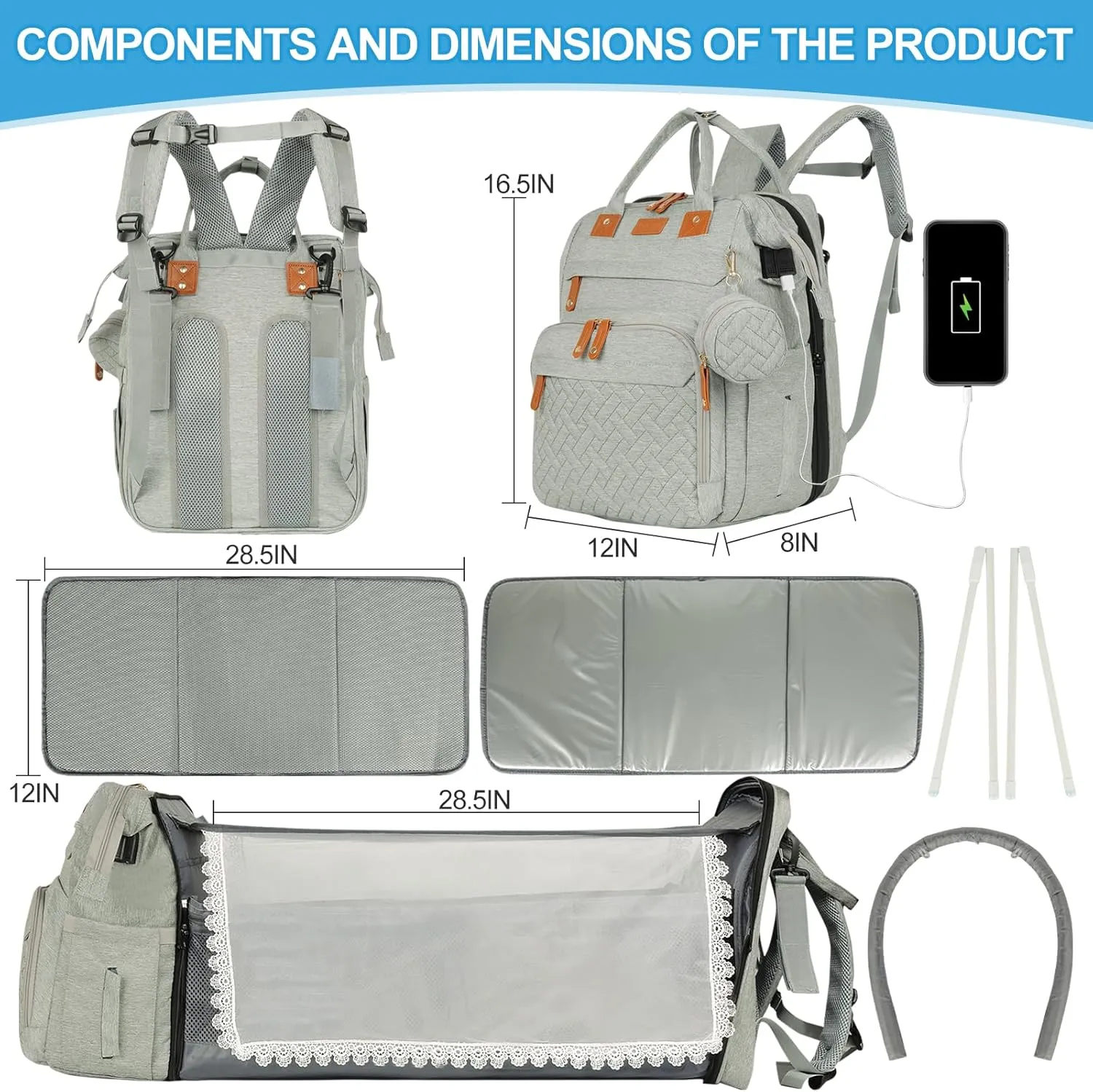 large diaper bag backpack，baby bag with changing station for Boys Girls，Multifunctional Diaper Bag，Mommy Bag With USB Charging Port（grey）