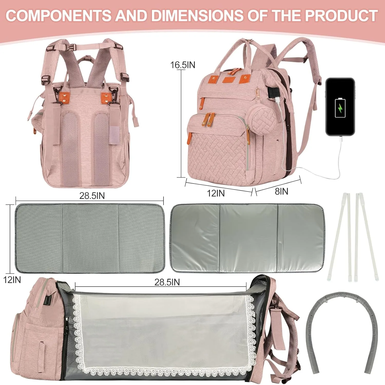 large diaper bag backpack，baby bag with changing station for Boys Girls，Multifunctional Diaper Bag，Mommy Bag With USB Charging Port（Pink）