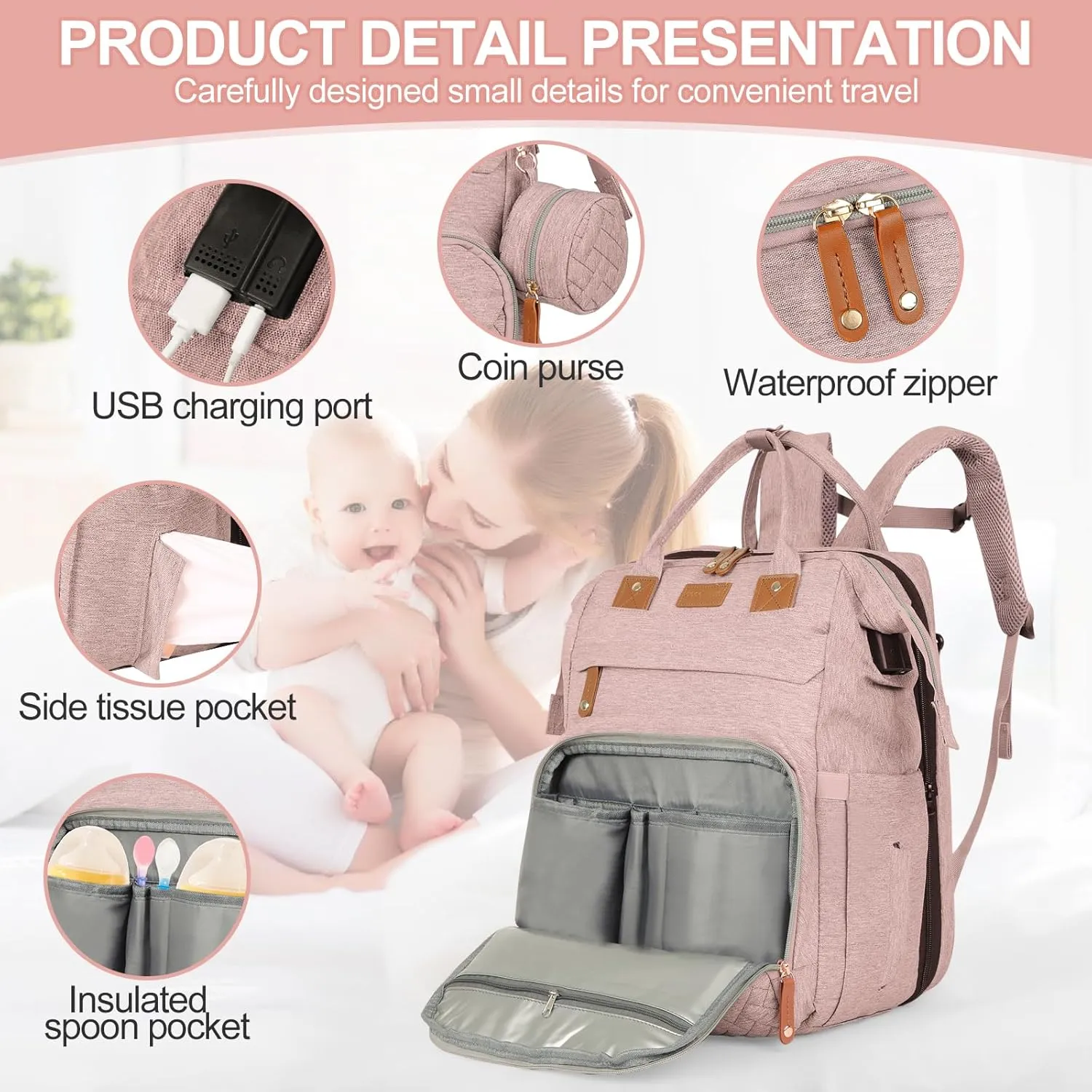 large diaper bag backpack，baby bag with changing station for Boys Girls，Multifunctional Diaper Bag，Mommy Bag With USB Charging Port（Pink）