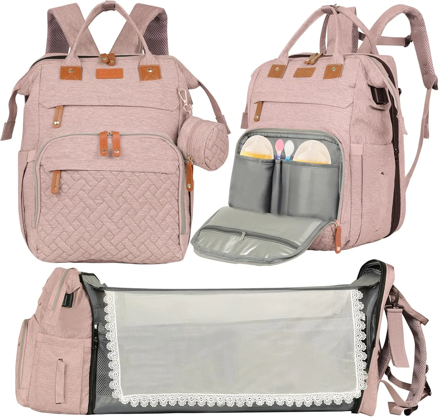 large diaper bag backpack，baby bag with changing station for Boys Girls，Multifunctional Diaper Bag，Mommy Bag With USB Charging Port（Pink）