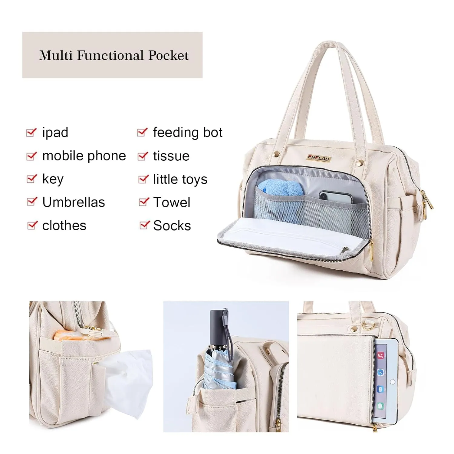 Large Diaper Bag Tote, with 13 Pocket Waterproof Baby Diaper Bag, Stylish Vegan Leather Tote, Organized Nursery Essentials​ (Beige)