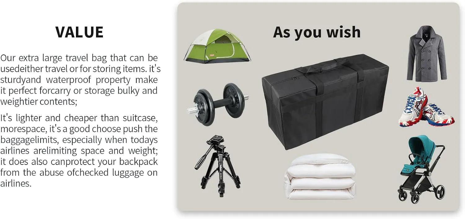 Large Duffle Bag Foldable Storage Bag Heavy Duty Sports Duffel Bag for Travel, Camping, Moving, Storage and More (100L Black)