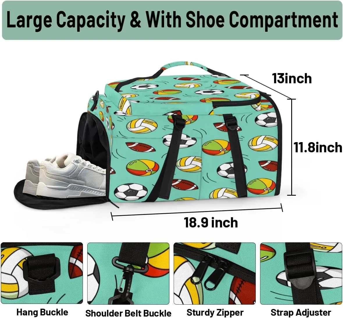 Large Sports Gym Bag With Shoe & Laptop Compartment 47L Waterproof Travel Duffel Bags for Men Women Ball Theme Luggage Backpack Duffle Bag