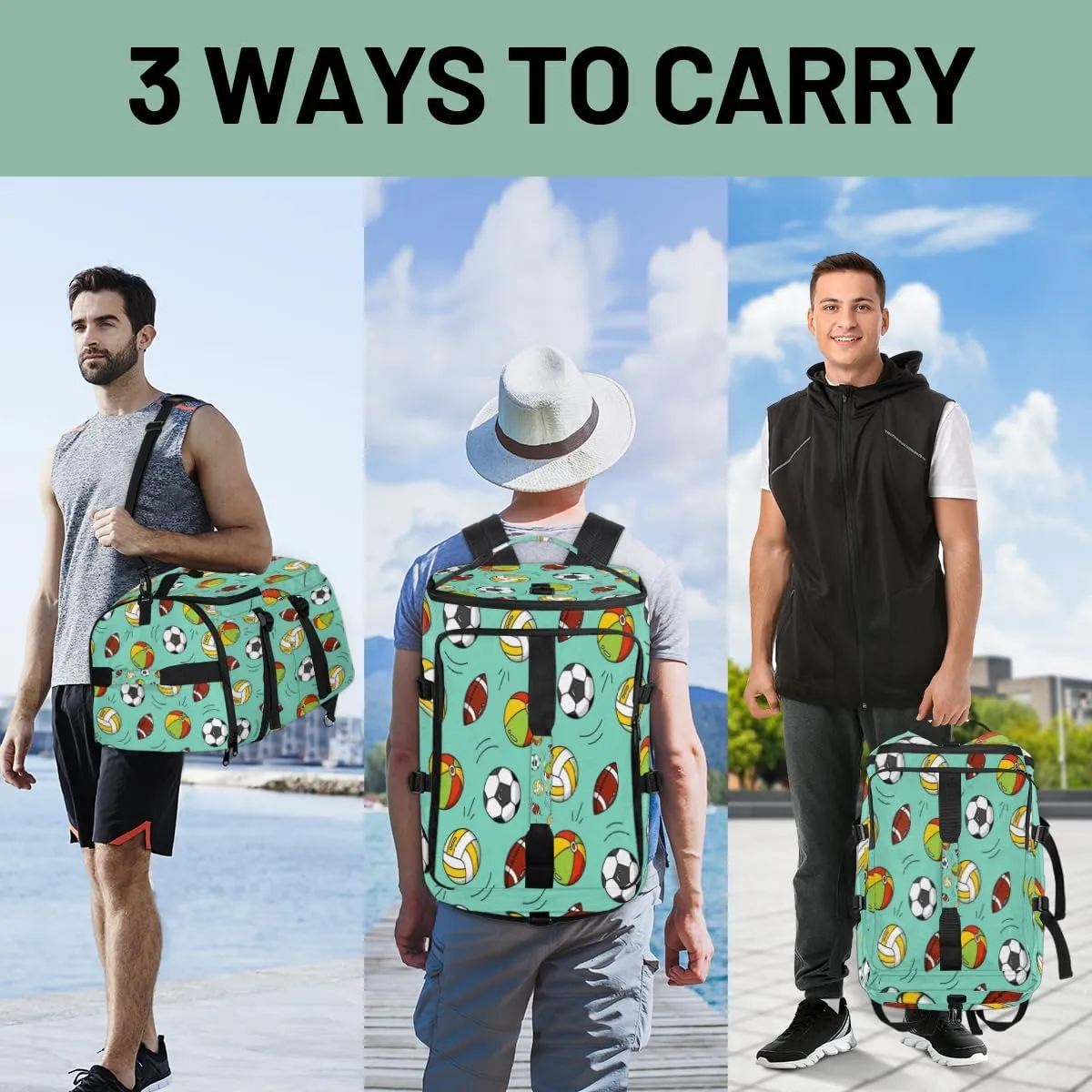 Large Sports Gym Bag With Shoe & Laptop Compartment 47L Waterproof Travel Duffel Bags for Men Women Ball Theme Luggage Backpack Duffle Bag