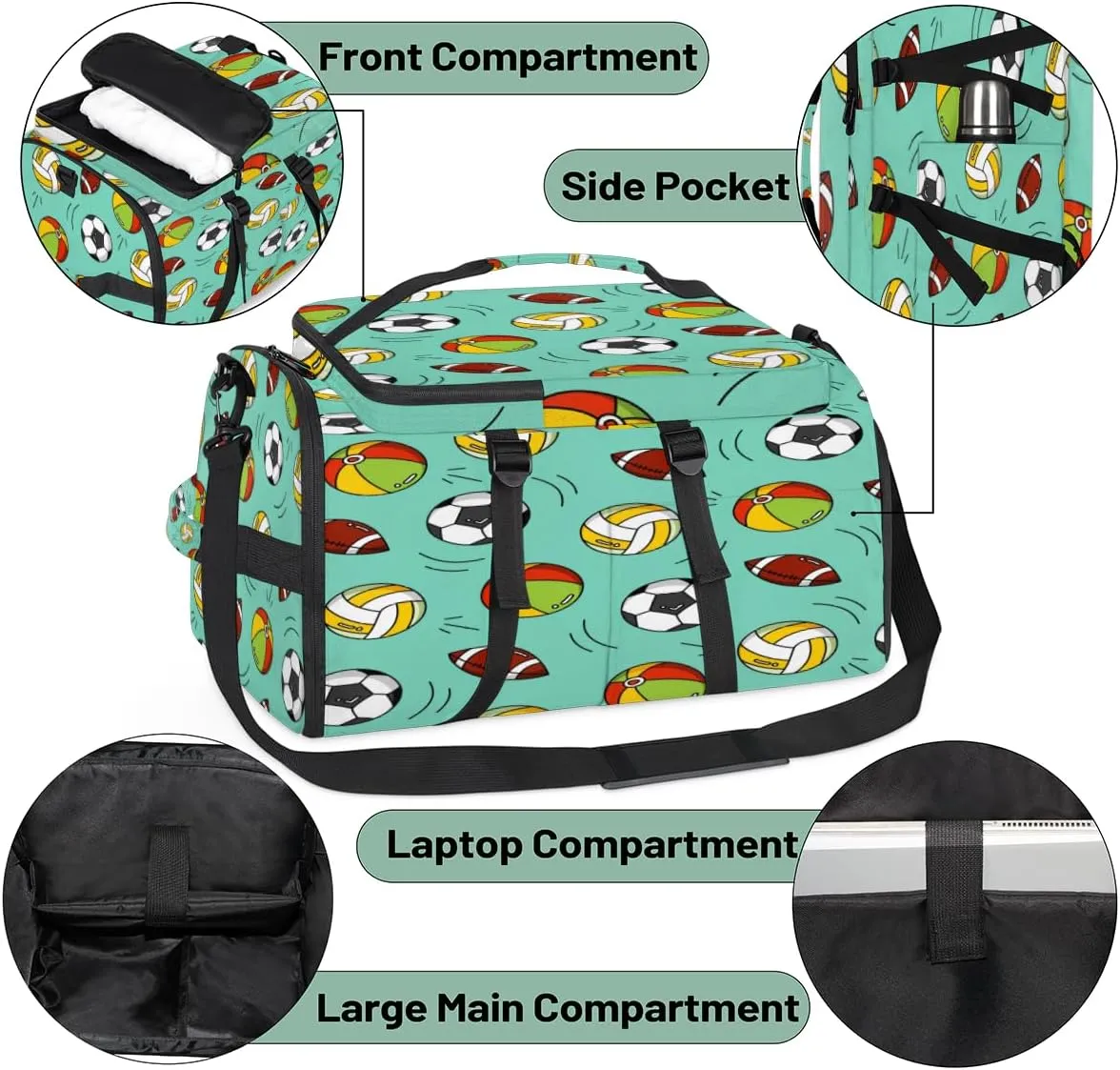 Large Sports Gym Bag With Shoe & Laptop Compartment 47L Waterproof Travel Duffel Bags for Men Women Ball Theme Luggage Backpack Duffle Bag