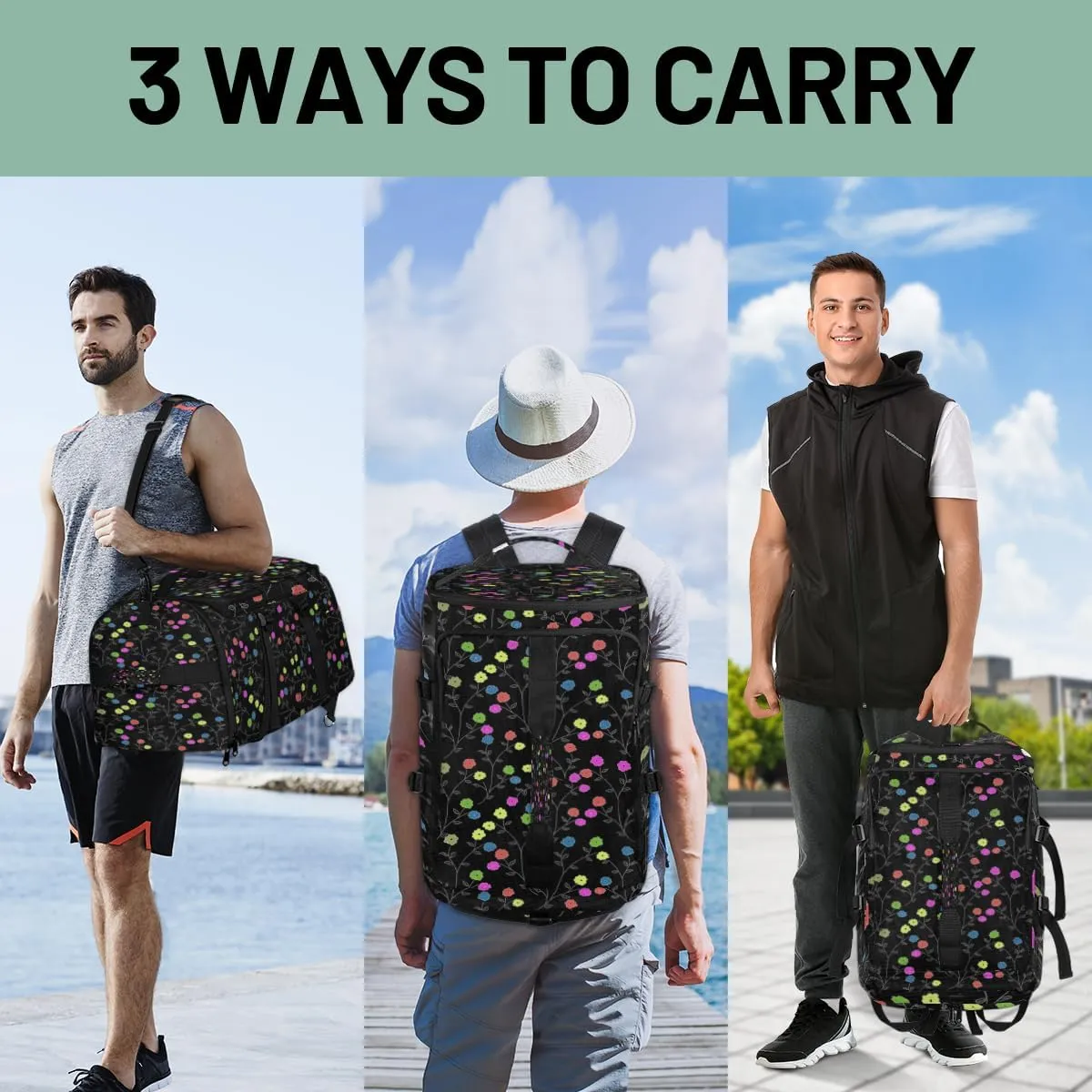 Large Sports Gym Bag With Shoe & Laptop Compartment 47L Waterproof Travel Duffel Bags for Men Women Colourful Flower Luggage Backpack Duffle Bag