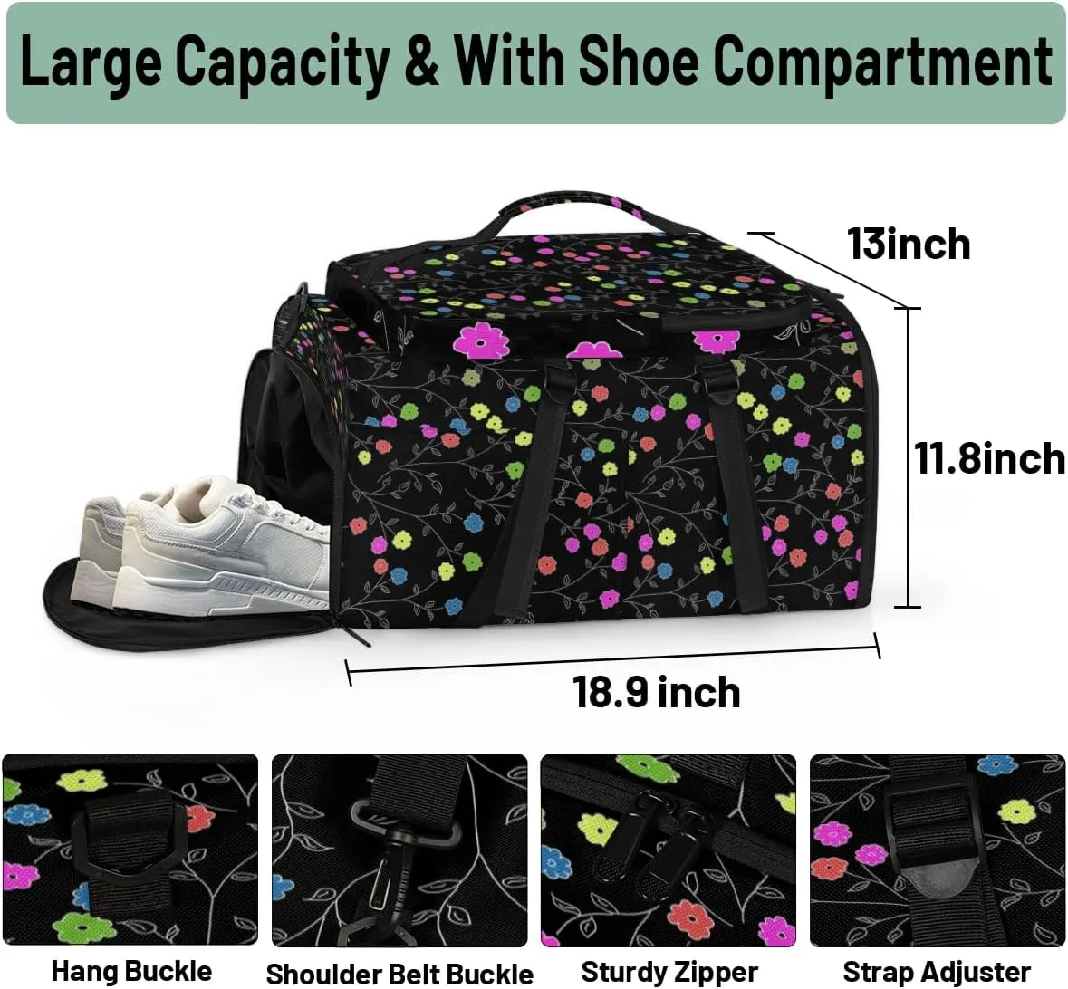 Large Sports Gym Bag With Shoe & Laptop Compartment 47L Waterproof Travel Duffel Bags for Men Women Colourful Flower Luggage Backpack Duffle Bag