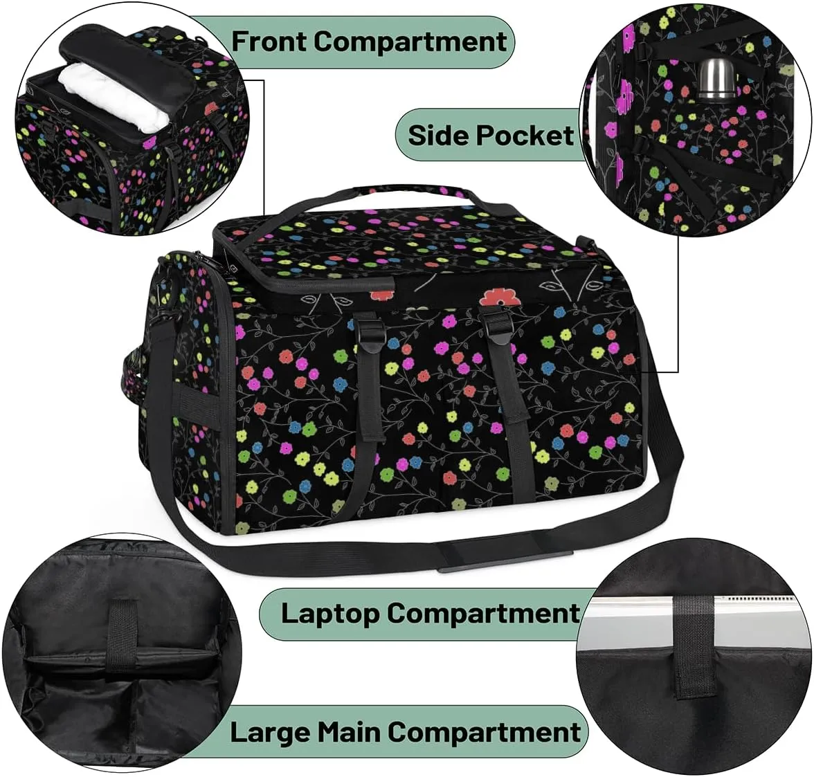 Large Sports Gym Bag With Shoe & Laptop Compartment 47L Waterproof Travel Duffel Bags for Men Women Colourful Flower Luggage Backpack Duffle Bag