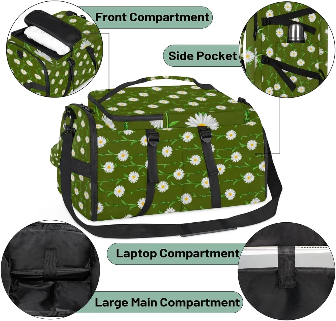 Large Sports Gym Bag With Shoe & Laptop Compartment 47L Waterproof Travel Duffel Bags for Men Women Daisy Flower Plant Luggage Backpack Duffle Bag