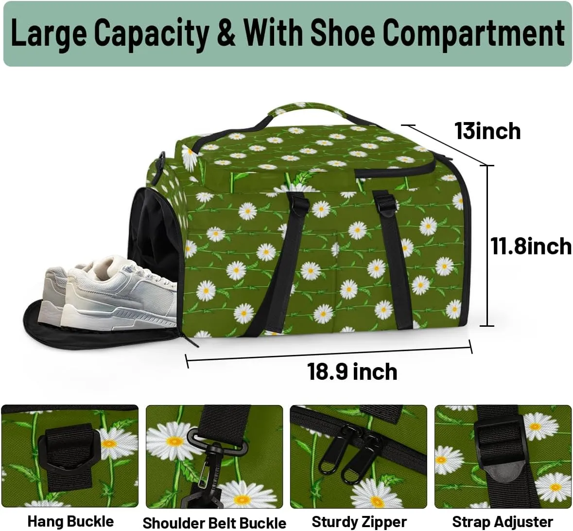 Large Sports Gym Bag With Shoe & Laptop Compartment 47L Waterproof Travel Duffel Bags for Men Women Daisy Flower Plant Luggage Backpack Duffle Bag