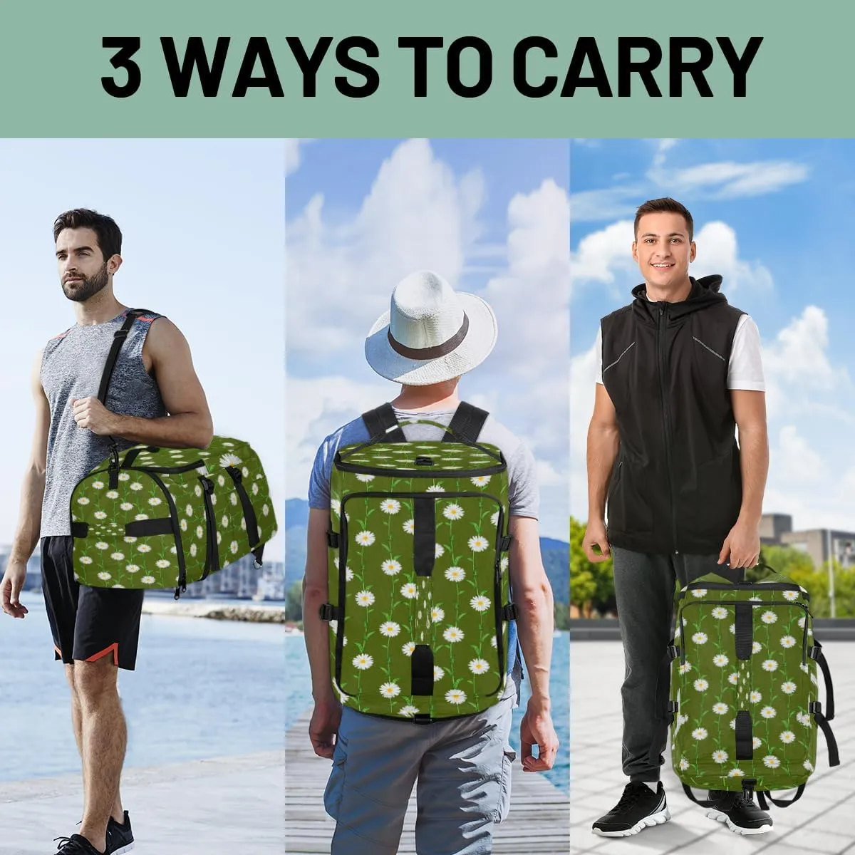 Large Sports Gym Bag With Shoe & Laptop Compartment 47L Waterproof Travel Duffel Bags for Men Women Daisy Flower Plant Luggage Backpack Duffle Bag