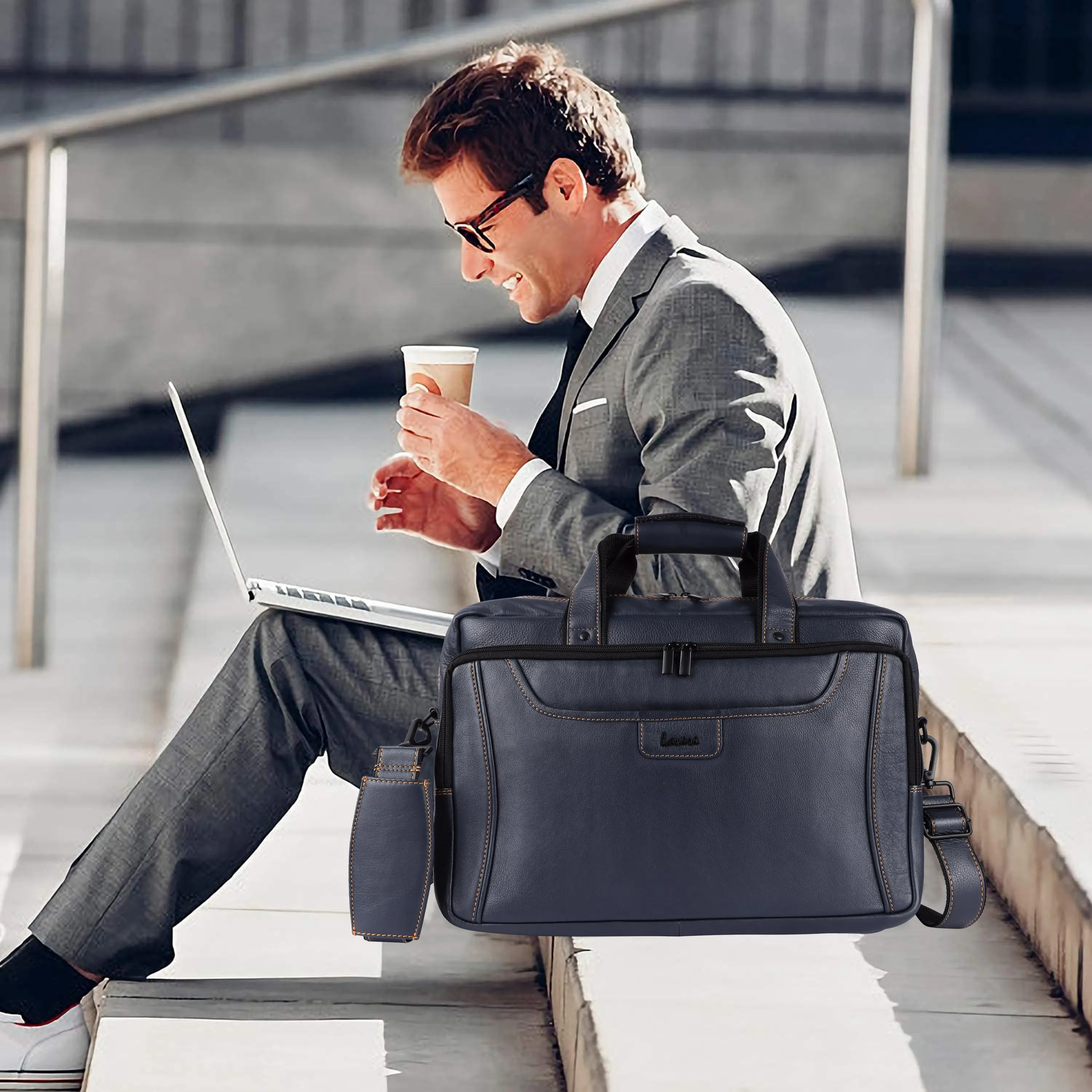 Laveri Genuine Leather Office Laptop Bag (BLUE)