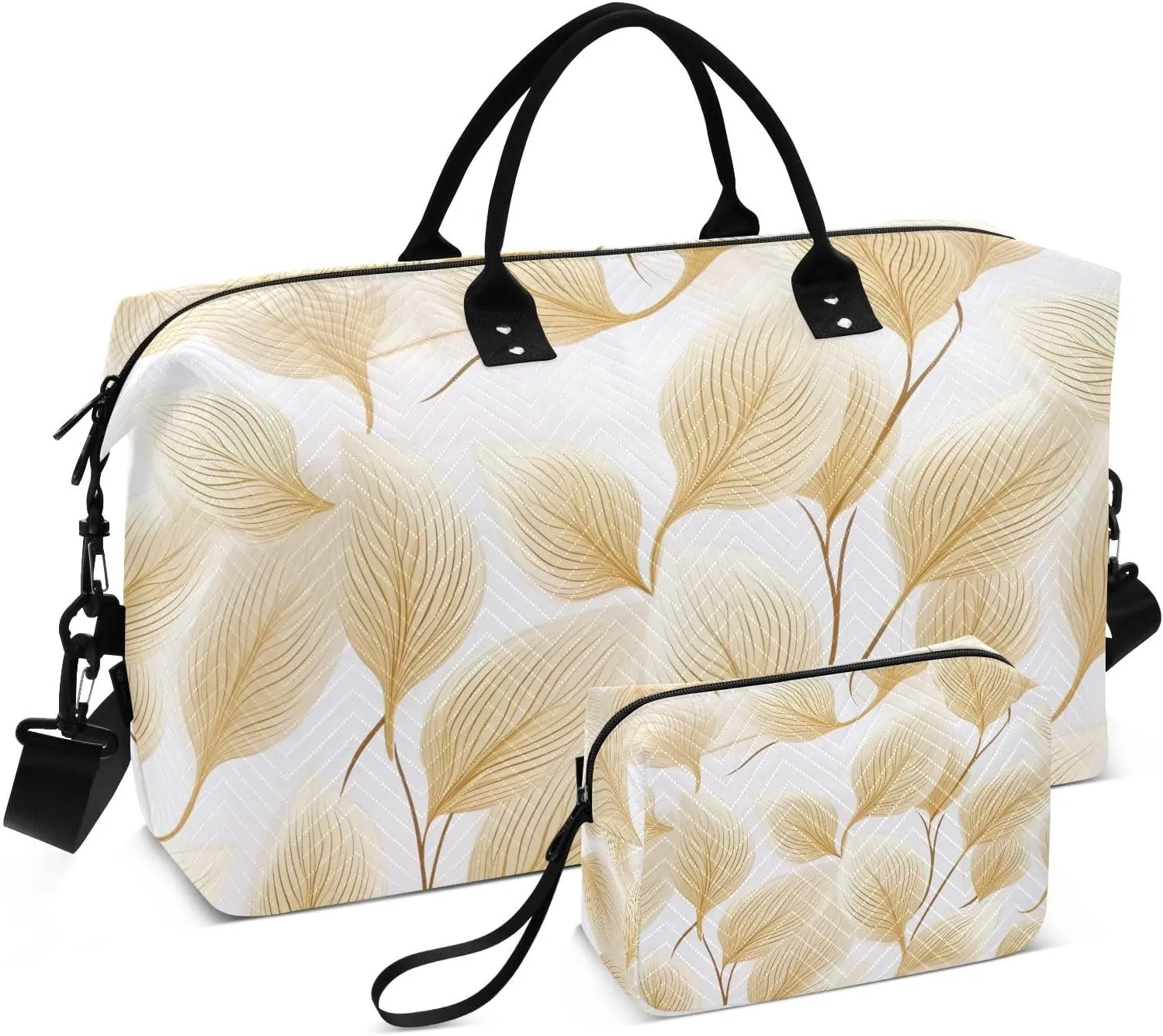 Leaf Golden White Travel Duffel Bag with Toiletry Bag Weekender Bag for Carry on Sports Gym Bag for Gym Yoga Sports
