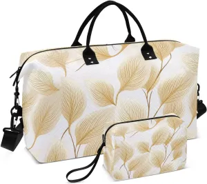Leaf Golden White Travel Duffel Bag with Toiletry Bag Weekender Bag for Carry on Sports Gym Bag for Gym Yoga Sports