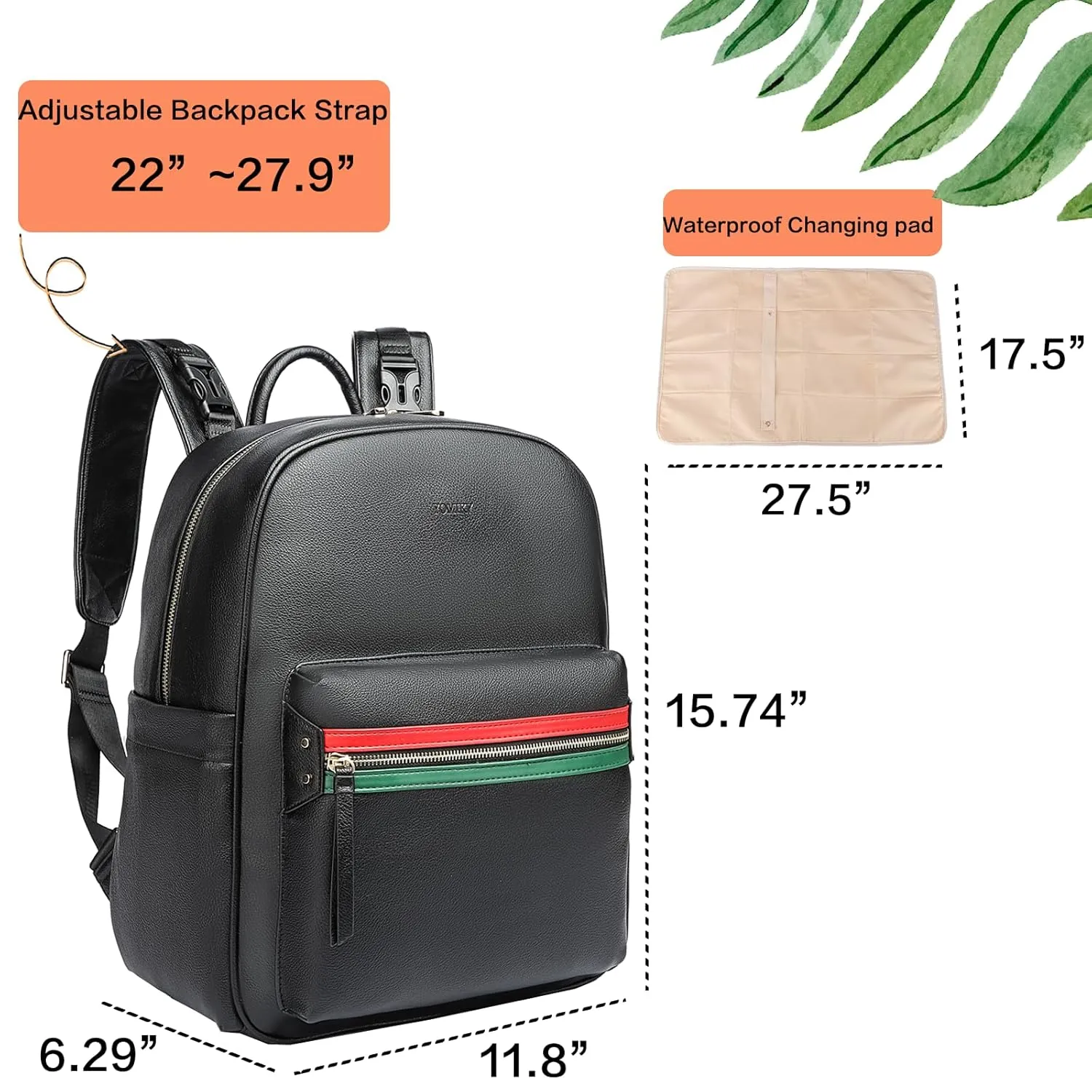 Leather Diaper Bag Backpack for Women with Multiple Pockets,Laptop Compartment and Changing Pad.