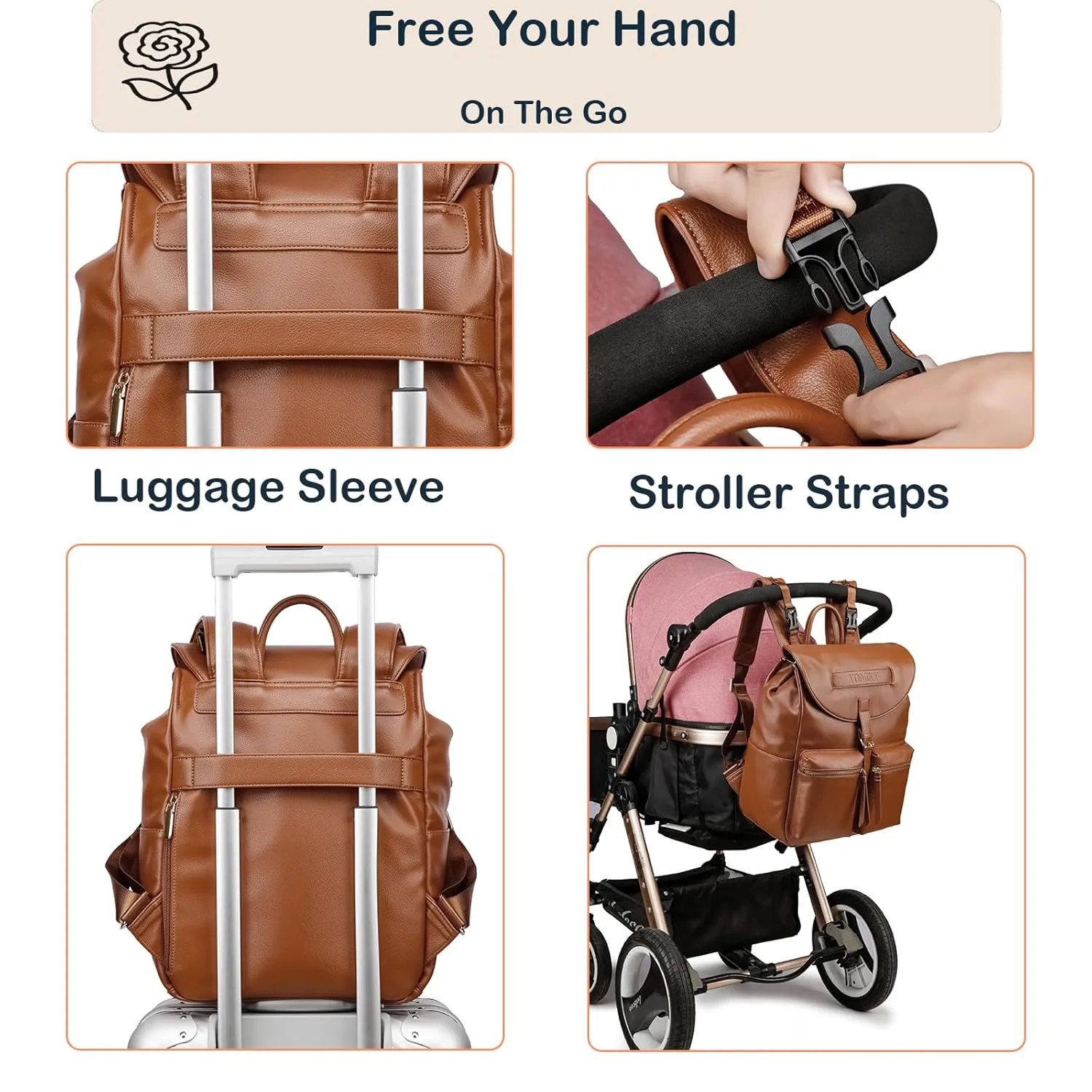 Leather Diaper Bag Backpack Purse for Mom and Dad with Wet Dry Bag and Changing Pad, Well Organized.