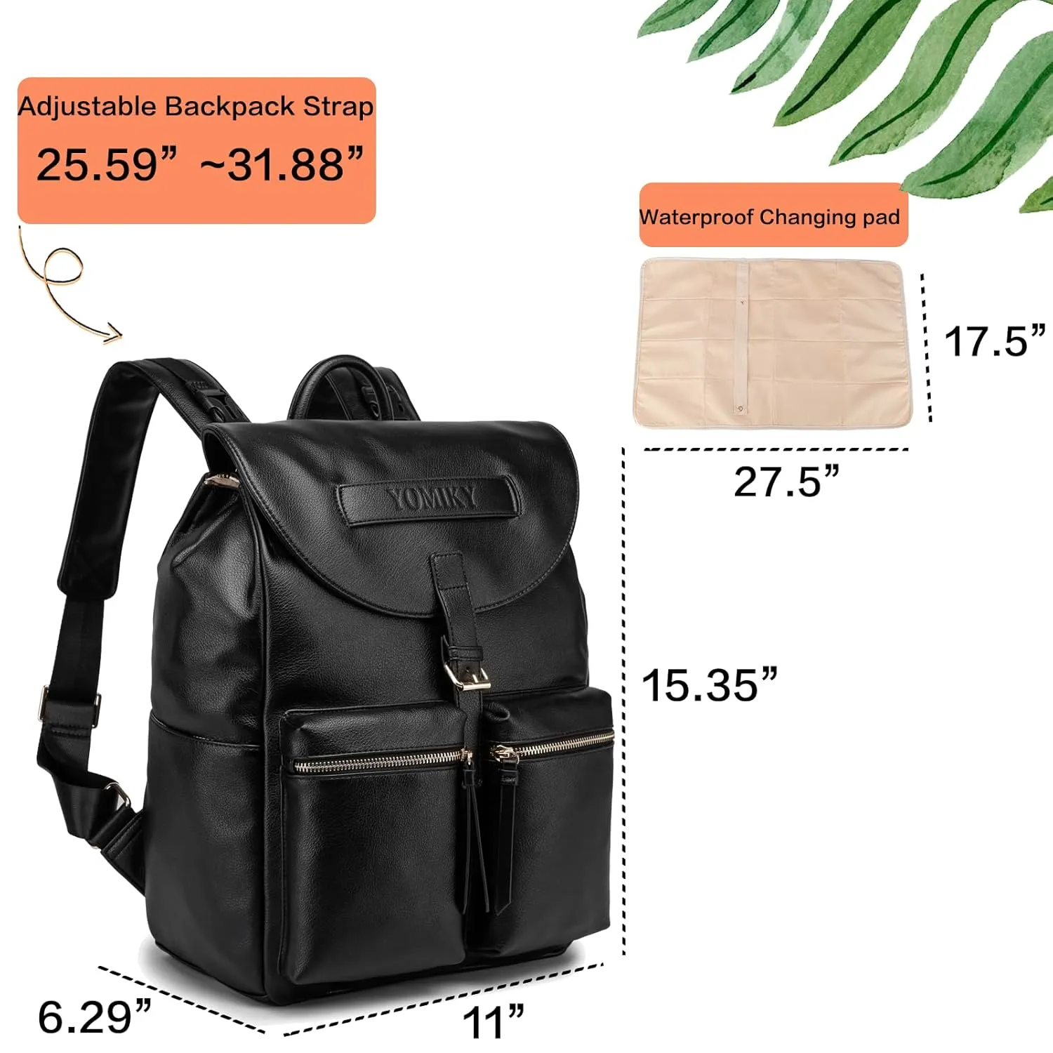 Leather Diaper Bag Backpack Purse for Mom and Dad with Wet Dry Bag and Changing Pad, Well Organized.