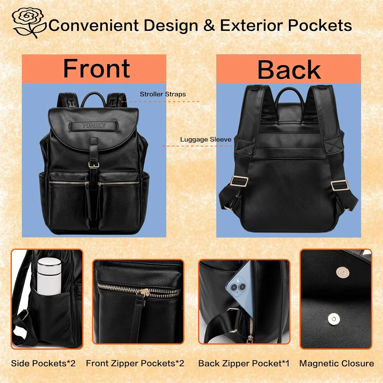 Leather Diaper Bag Backpack Purse for Mom and Dad with Wet Dry Bag and Changing Pad, Well Organized.
