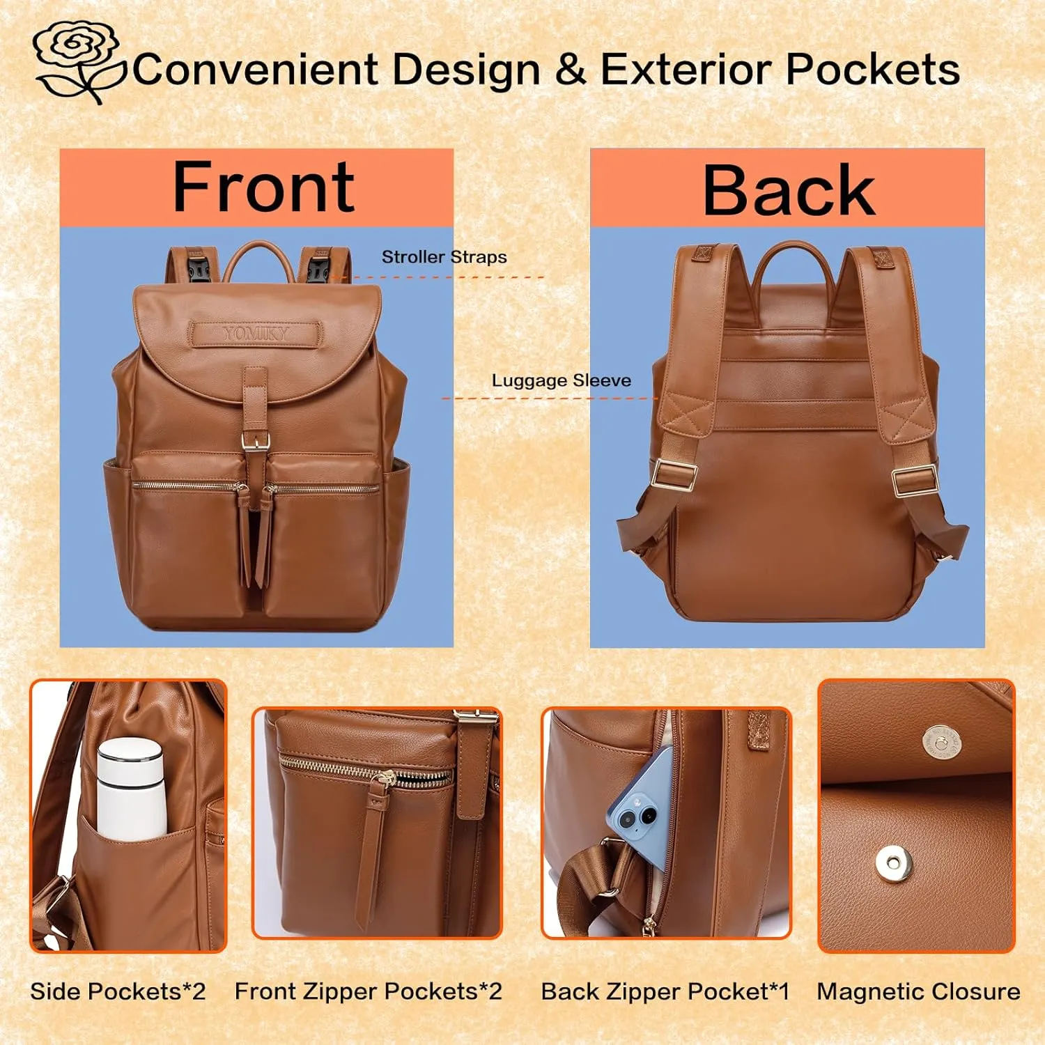 Leather Diaper Bag Backpack Purse for Mom and Dad with Wet Dry Bag and Changing Pad, Well Organized.