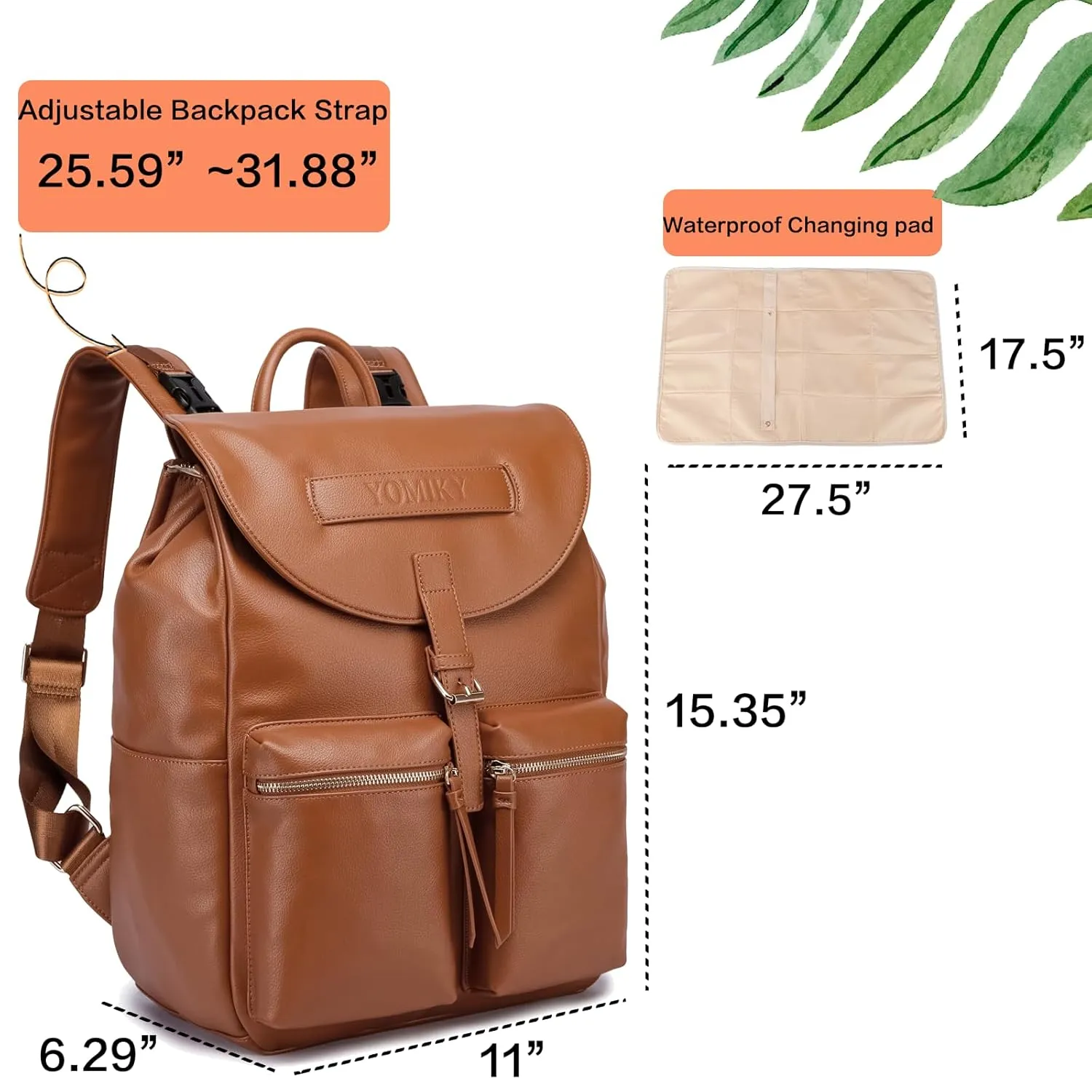 Leather Diaper Bag Backpack Purse for Mom and Dad with Wet Dry Bag and Changing Pad, Well Organized.