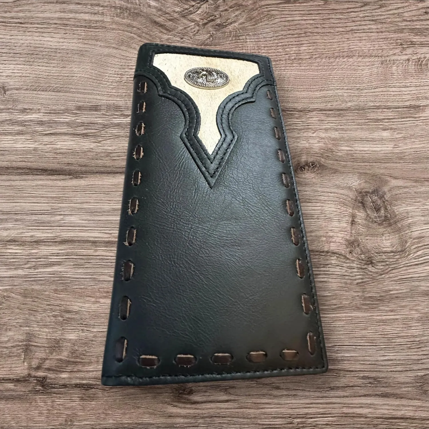 Leather Long Wallet Cowhair Horse Concho Cowhide Stitched Bi Fold Checkbook Style Hand Crafted High End Smooth Leather Mens Wallets Leather Gifts For Men (Black)