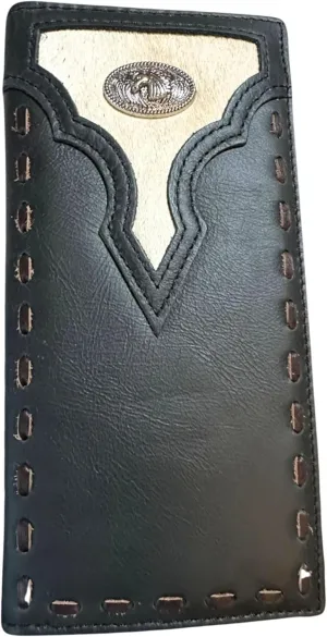 Leather Long Wallet Cowhair Horse Concho Cowhide Stitched Bi Fold Checkbook Style Hand Crafted High End Smooth Leather Mens Wallets Leather Gifts For Men (Black)