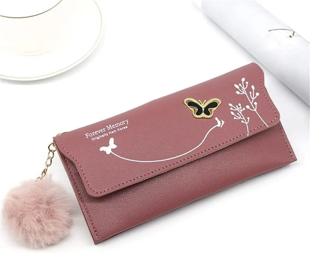Leather Wallet Pu Leather Women's Wallet New Long Fashion Zipper Purse Clutch for Girls Creative Bow Portable Coin Pocket Card Holder Large Capacity (Ro,9.5x19cm)