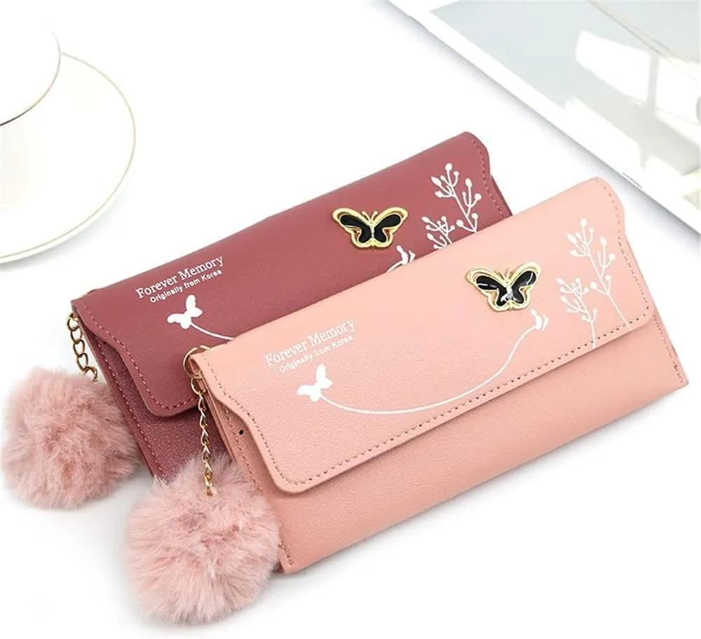 Leather Wallet Pu Leather Women's Wallet New Long Fashion Zipper Purse Clutch for Girls Creative Bow Portable Coin Pocket Card Holder Large Capacity (Ro,9.5x19cm)