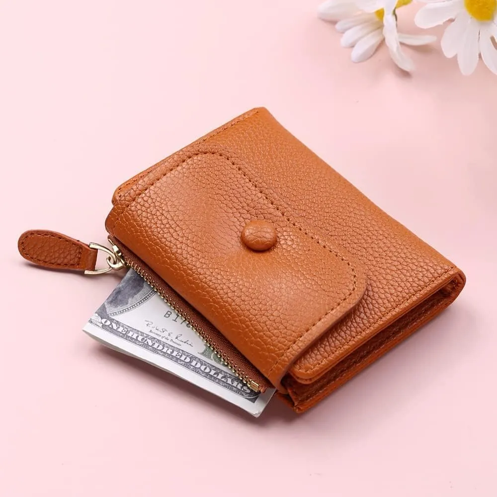 Leather Wallet Pu Leather Women's Wallet Short Large Capacity Purse Clutch Ladies Fashion Elegant Buckle Coin Pocket Card Holder Large Capacity (Brown,9.5x11.5cm)