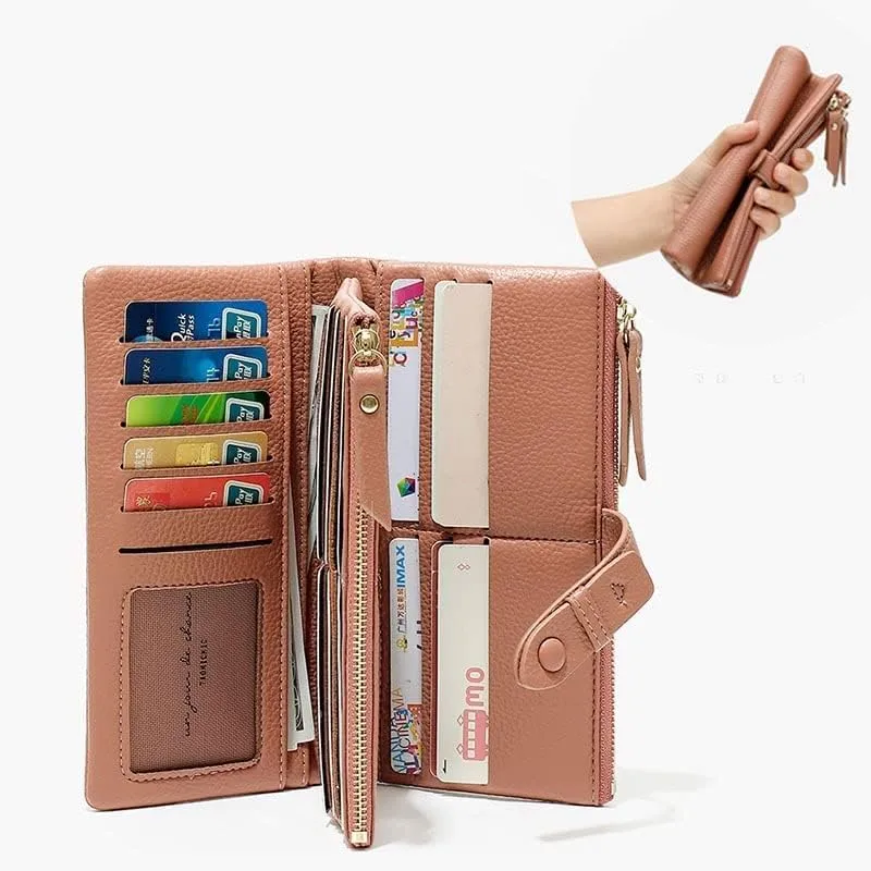 Leather Wallet Pu Leather Women's Wallet Simple Large Capacity Long Purse Clutch Ladies Girls Solid Color Zipper Coin Pocket Large Capacity (Blue,10x19cm)