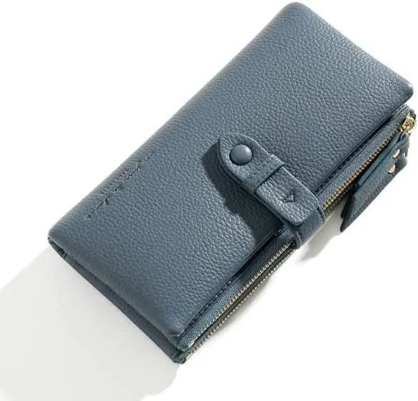 Leather Wallet Pu Leather Women's Wallet Simple Large Capacity Long Purse Clutch Ladies Girls Solid Color Zipper Coin Pocket Large Capacity (Blue,10x19cm)