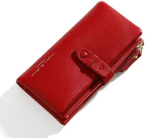 Leather Wallet Pu Leather Women's Wallet Simple Large Capacity Long Purse Clutch Ladies Girls Solid Color Zipper Coin Pocket Large Capacity (Red,10x19cm)