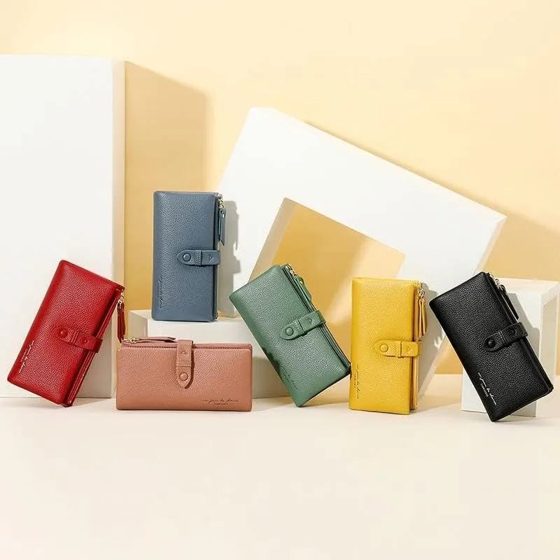 Leather Wallet Pu Leather Women's Wallet Simple Large Capacity Long Purse Clutch Ladies Girls Solid Color Zipper Coin Pocket Large Capacity (Yellow,10x19cm)