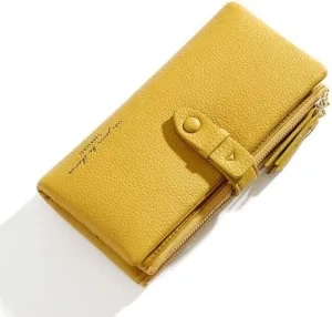 Leather Wallet Pu Leather Women's Wallet Simple Large Capacity Long Purse Clutch Ladies Girls Solid Color Zipper Coin Pocket Large Capacity (Yellow,10x19cm)