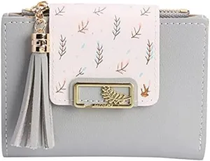 Leather Wallet Women's Pu Leather Wallet Short Mini Fringe Zipper Purse Clutch for Girls Slim Coin Pocket Large Capacity Card Holder Large Capacity (Gy,9.7x11.6cm)