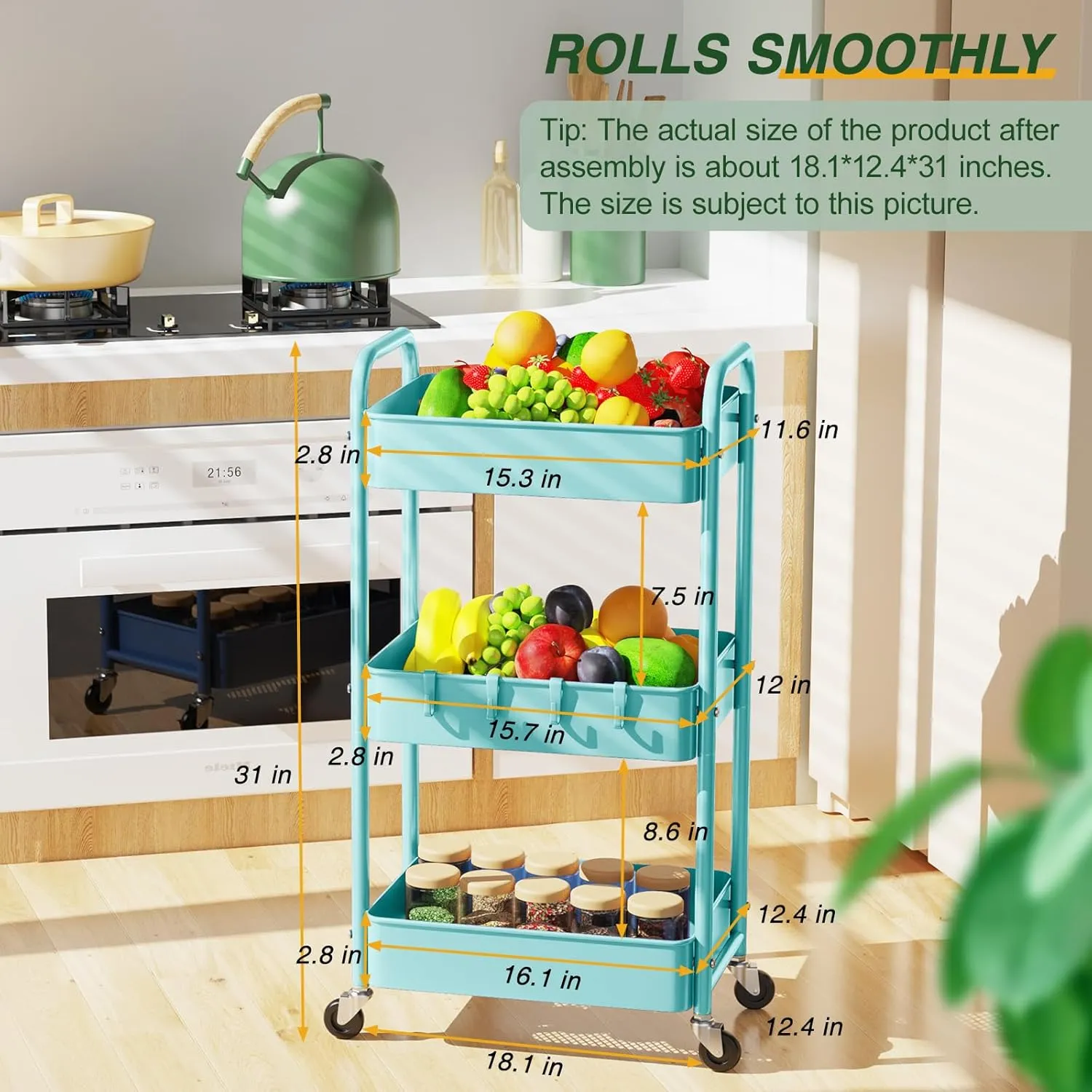 LEHOM 3 Tier Rolling Storage Cart, Metal Trolley Utility Cart with Wheels & Hooks, Easy Assembly Organizer Storage Cart for Bathroom Kitchen Office Bedroom (Blue)