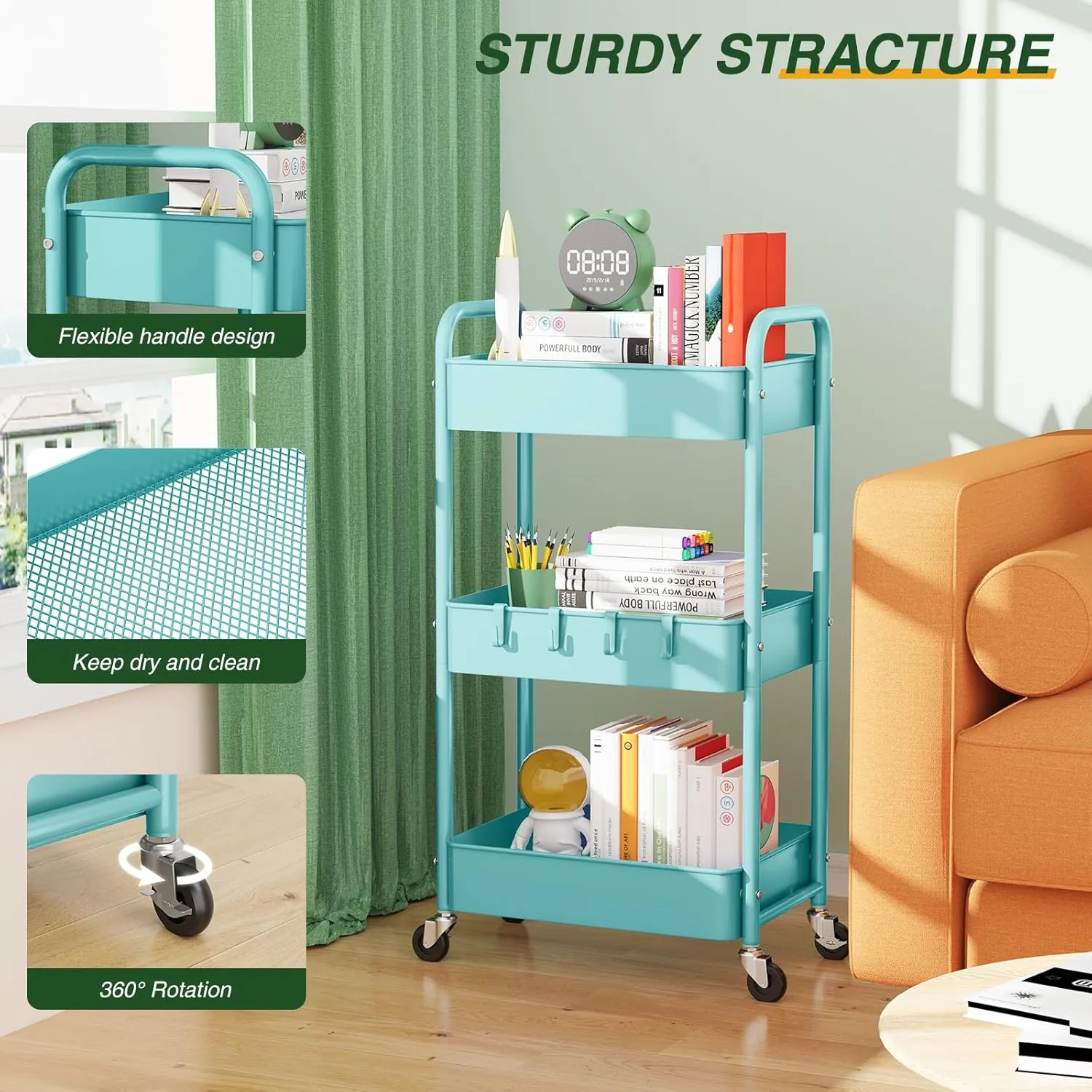LEHOM 3 Tier Rolling Storage Cart, Metal Trolley Utility Cart with Wheels & Hooks, Easy Assembly Organizer Storage Cart for Bathroom Kitchen Office Bedroom (Blue)