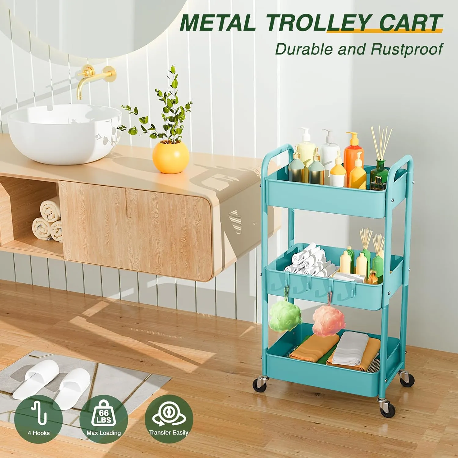 LEHOM 3 Tier Rolling Storage Cart, Metal Trolley Utility Cart with Wheels & Hooks, Easy Assembly Organizer Storage Cart for Bathroom Kitchen Office Bedroom (Blue)