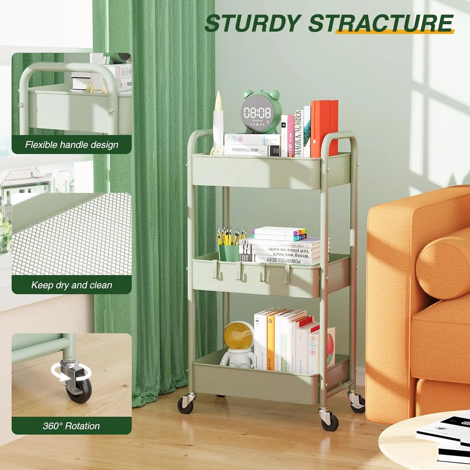 LEHOM 3 Tier Rolling Storage Cart, Metal Trolley Utility Cart with Wheels & Hooks, Easy Assembly Organizer Storage Cart for Bathroom Kitchen Office Bedroom (Green)