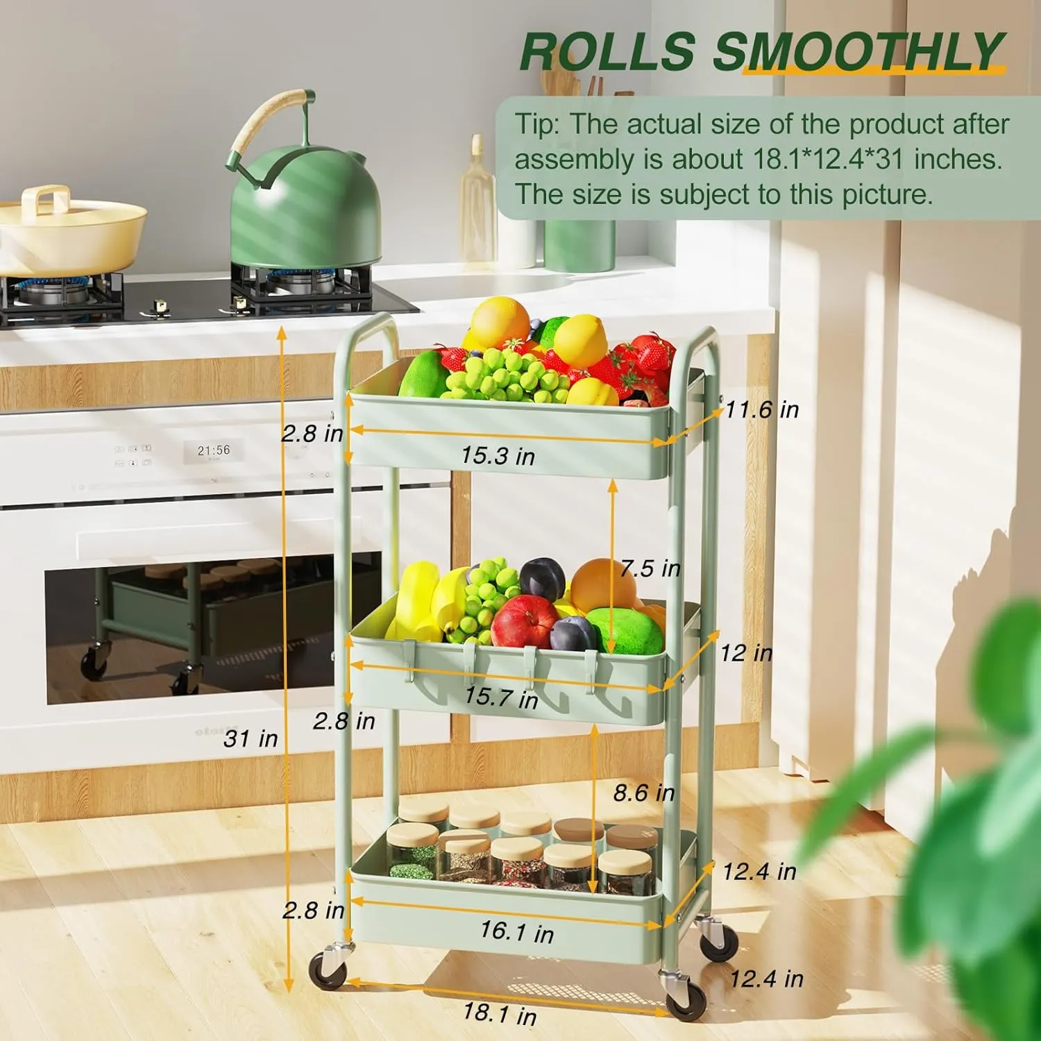 LEHOM 3 Tier Rolling Storage Cart, Metal Trolley Utility Cart with Wheels & Hooks, Easy Assembly Organizer Storage Cart for Bathroom Kitchen Office Bedroom (Green)