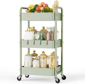 LEHOM 3 Tier Rolling Storage Cart, Metal Trolley Utility Cart with Wheels & Hooks, Easy Assembly Organizer Storage Cart for Bathroom Kitchen Office Bedroom (Green)