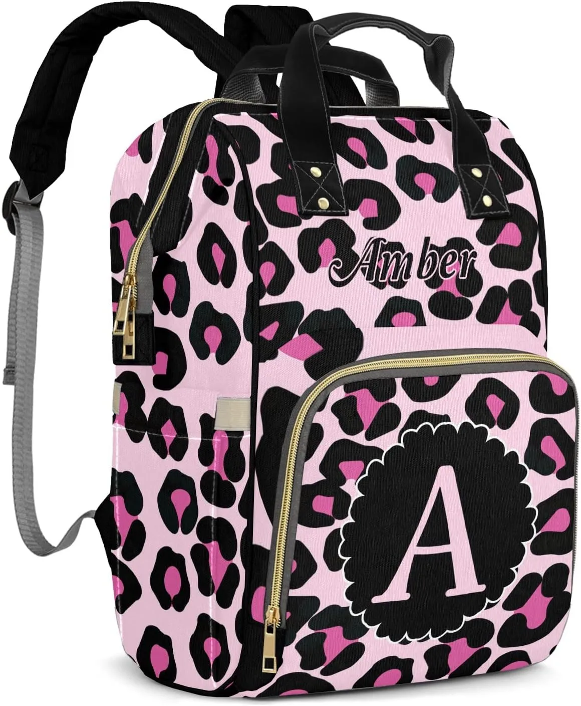 Leopard Print Black Pink Diaper Bags Backpack Customized Baby Bag Nursing Nappy Bag Travel Tote Gifts for Women